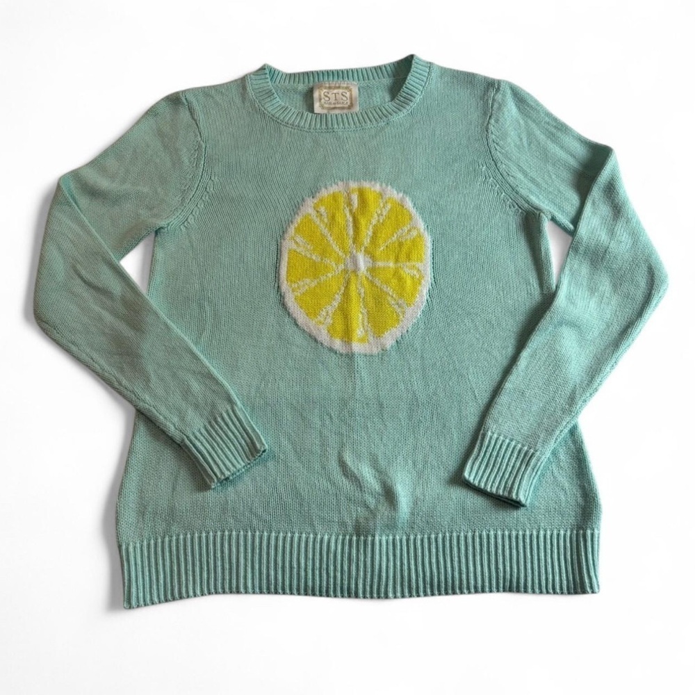 Sail to Sable Lemon Sweater M Mint Green Knit Pullover Fruit Cotton Blend